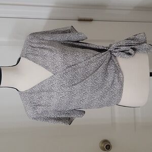 Lush Size M Black & Cream Patterned True Wrap Blouse, Excellent Used Condition